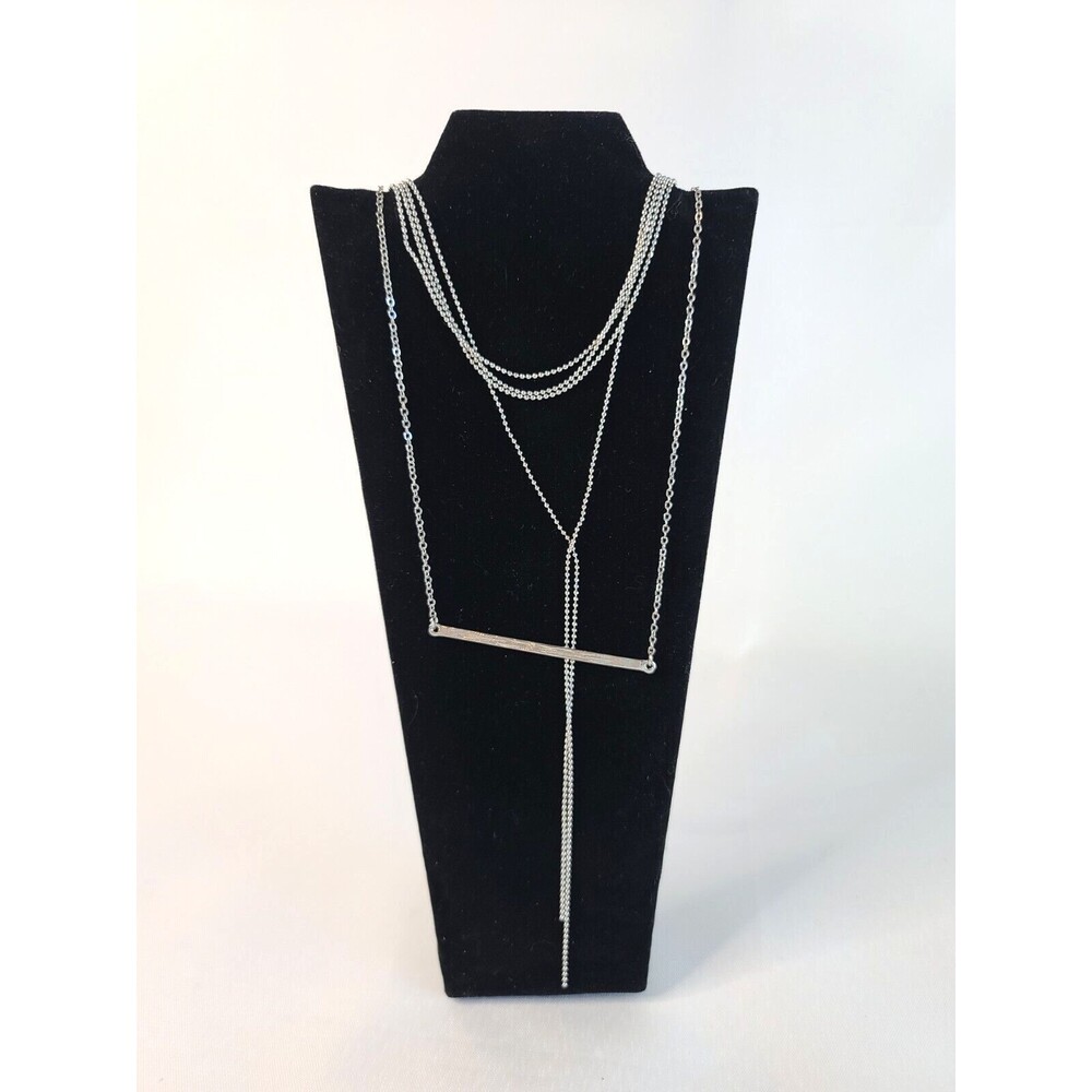 Set of 2 Necklaces Silver Tone Y Necklace Drop Ball Bar Chain Stackable 18"
